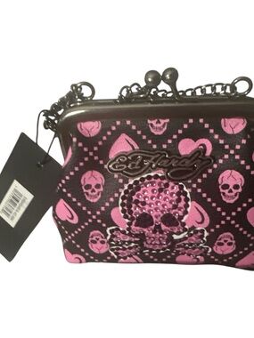 NWT ed Hardy Pink and Black Rhinestone Skull Kiss-Lock Wristlet with gunmetal ac